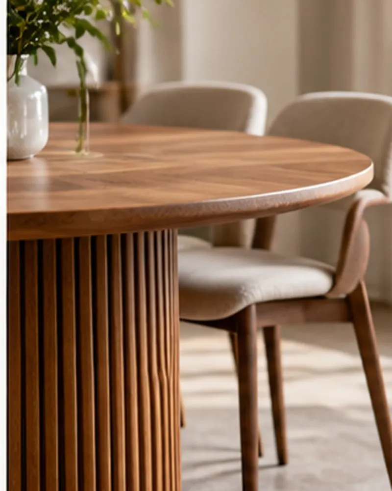 Ronde houten eettafel op een geribde voet met gestoffeerde stoelen