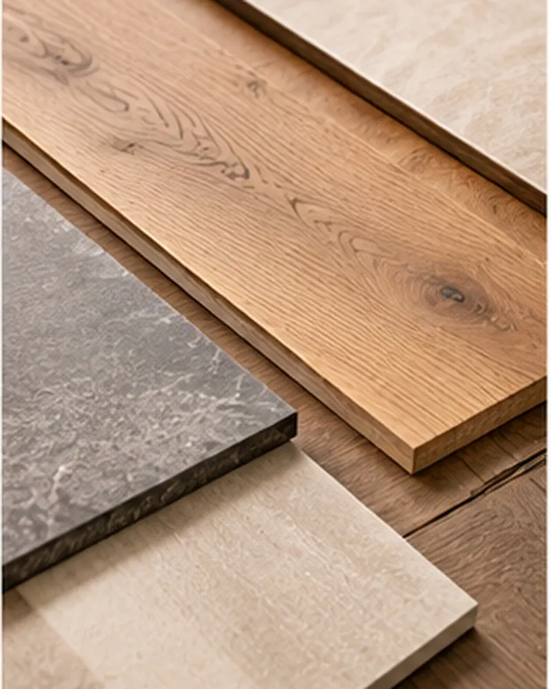 Stalen van een eikenhouten plank, een leisteen- en een lichte natuursteentegel
